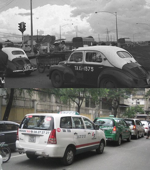 Là phương tiện vận chuyển tiện lợi, taxi bắt đầu xuất hiện ở Sài Gòn - Chợ Lớn vào khoảng cuối những năm 40 và thịnh hành những năm 50 của thế kỷ 20. Trong ảnh là chiếc taxi năm 1970 (ảnh trên) và hiện nay (ảnh dưới).