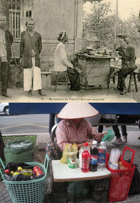  Sài Gòn xưa có hàng nước, quán cóc bán trà đá, trà chanh…thì trên phố Sài thành hiện nay cũng phổ biến gánh hàng, bàn giải khát với đủ loại nước có ga, nước chanh, sâm lạnh, nước dừa...