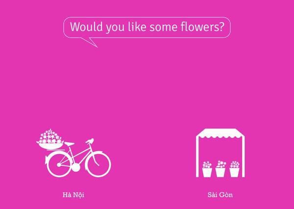 Hà Nội có những chiếc xe đạp chở hoa dạo bán trên đường theo từng mùa, từ hoa hồng, hướng dương đến cúc họa mi, hoa loa kèn,... bất cứ lúc nào cũng có thể mua được, còn ở Sài Gòn hoa chỉ có thể mua tại các chợ, các cửa hàng hoa. Ảnh: Lê Nhất