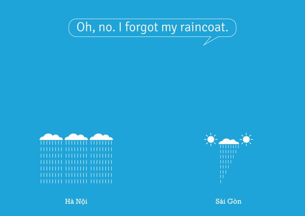 Thời tiết ở hai miền cũng có sự khác nhau rõ rệt nhé. Cơn mưa ở Hà Nội thường thật dài, thật lâu và cũng rất bất chợt. Còn ở Sài Gòn, trong mưa có nắng là một chuyện rất bình thường, mưa đến và đi rất nhanh. Ảnh: Lê Nhất