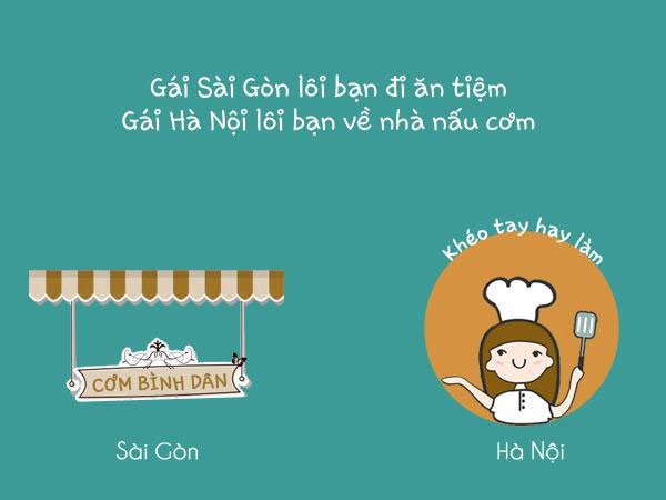 Gái Sài Gòn lôi bạn đi ăn tiệm. Gái Hà Nội lôi bạn về nhà nấu cơm.