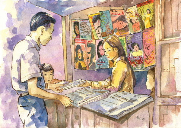 Tranh minh họa về một sạp báo trước Tết bán giai phẩm Xuân ở Sài Gòn xưa kia. Tranh màu nước của Phạm Công Tâm